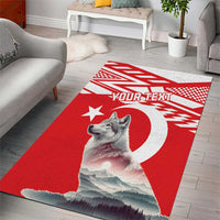 Red personalized area rug with wolf portrait, Turkish crescent and star, custom text