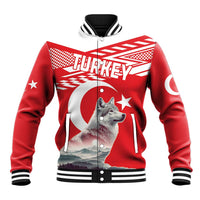Red personalized Turkey baseball jacket, gray wolf front print, zip and striped trim