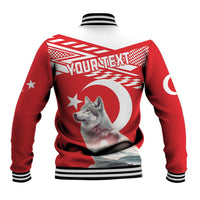Red personalized Turkey baseball jacket, gray wolf back print with YOURTEXT and striped cuffs