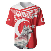 Red baseball jersey with wolf graphic, Turkey text, and buttoned V-neck