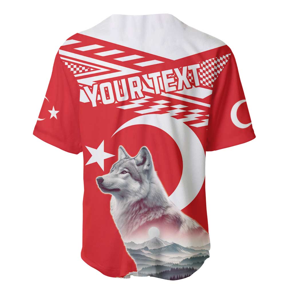 Red baseball jersey back view with Your Text, wolf graphic, crescent and star