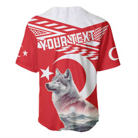 Red baseball jersey back view with Your Text, wolf graphic, crescent and star