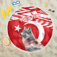 Round red and white beach blanket with wolf graphic, YOUR TEXT, and fringed edge