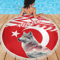 Round red and white beach blanket featuring a gray wolf, YOUR TEXT, with fringed edge