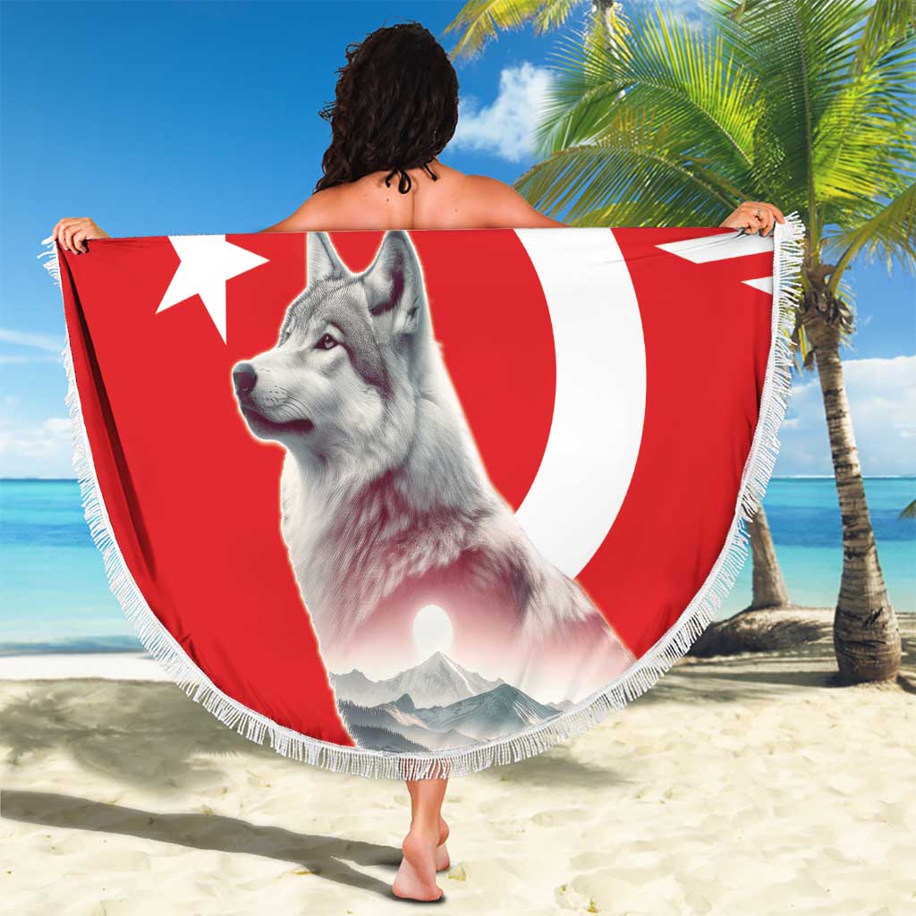 Round red and white beach blanket with gray wolf image, YOUR TEXT, and fringed trim