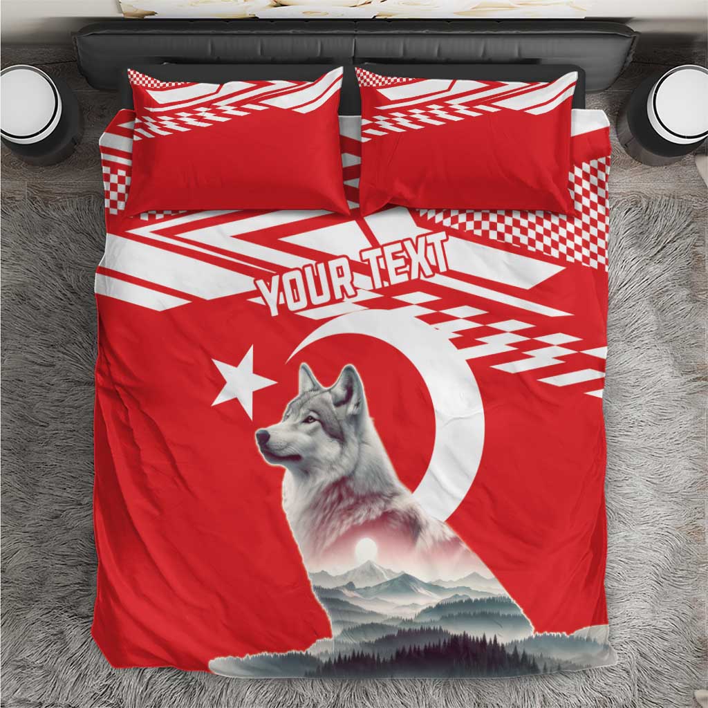 Personalized bedding set with red duvet and pillows featuring wolf graphic and “YOUR TEXT”