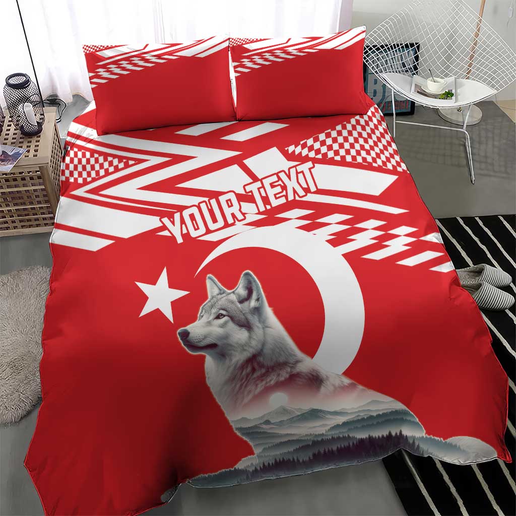 Personalized red duvet bedding set with wolf portrait, Turkish-style star, and “YOUR TEXT”