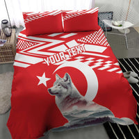 Personalized red duvet bedding set with wolf portrait, Turkish-style star, and “YOUR TEXT”