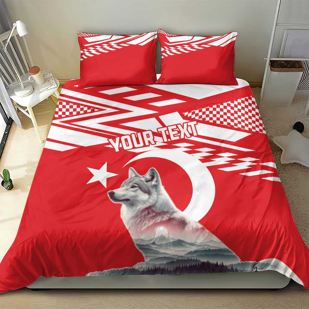 Personalized bedding set on bed: red duvet with wolf graphic, star detail, and “YOUR TEXT”