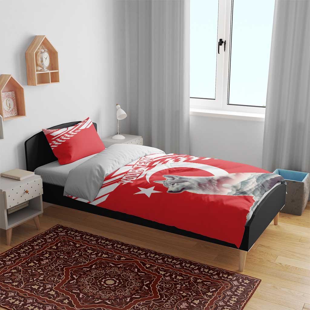Personalized red bedding set on dark bed frame, featuring wolf graphic and “YOUR TEXT”