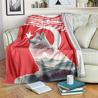 Red personalized wolf and Turkey flag style throw blanket, draped over armchair