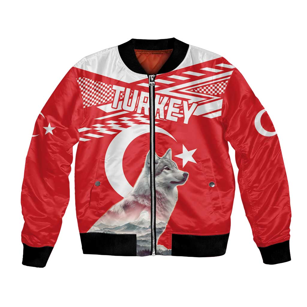 Red bomber jacket with black ribbed cuffs, front zipper, gray wolf Turkey-themed graphic