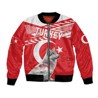 Red bomber jacket with black ribbed cuffs, front zipper, gray wolf Turkey-themed graphic