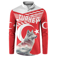 Red button-front sweatshirt with large wolf and Turkish flag graphics