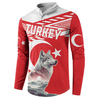 Red button-front sweatshirt with wolf graphic and Turkey crescent star