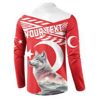 Red button-front sweatshirt back with YURTEX text, wolf, and Turkey crescent