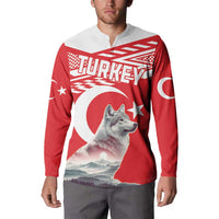 Red button-front sweatshirt with wolf, Turkey crescent star, and mountain scene graphic