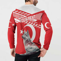 Red button-front sweatshirt back with YURTEX text and wolf over Turkey flag