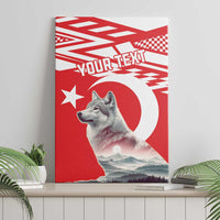 Personalized canvas wall art with wolf portrait, mountains, and YOUR TEXT in red