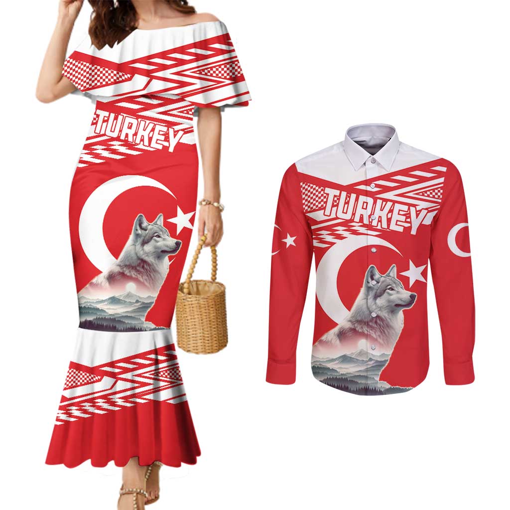 Personalized Gray Wolf Turkey Couples Matching Mermaid Dress and Long Sleeve Button Shirt Turkish Mountain