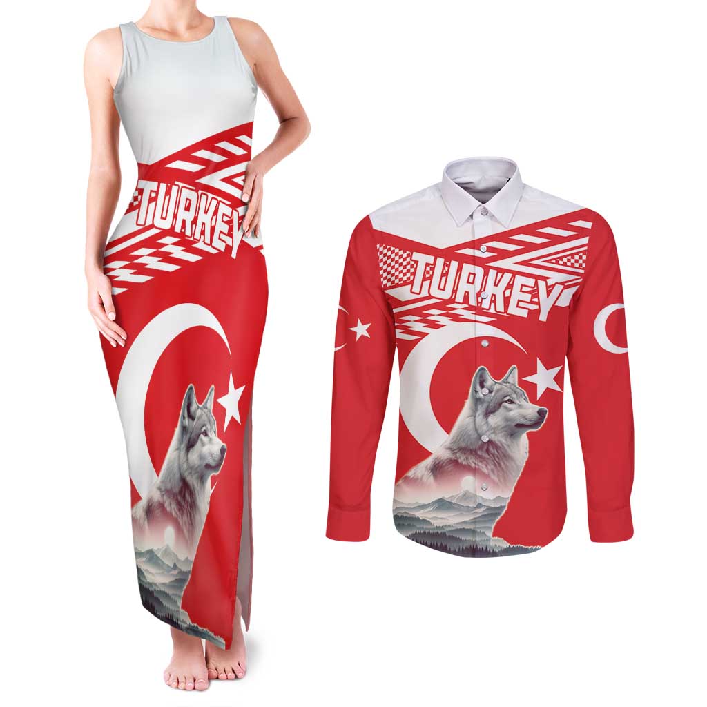 Personalized Gray Wolf Turkey Couples Matching Tank Maxi Dress and Long Sleeve Button Shirt Turkish Mountain - Wonder Print Shop