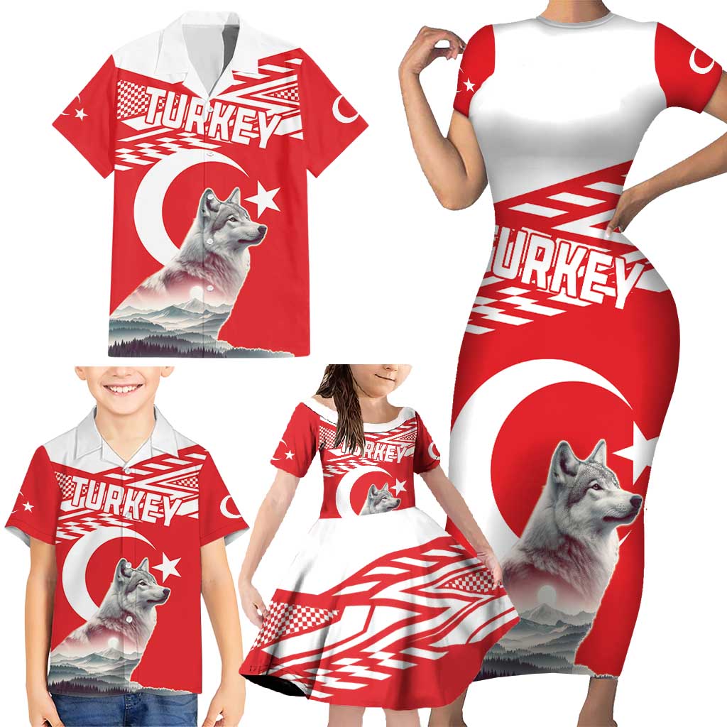 Personalized Gray Wolf Turkey Family Matching Short Sleeve Bodycon Dress and Hawaiian Shirt Turkish Mountain - Wonder Print Shop