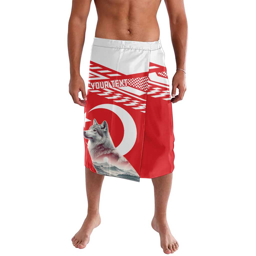 Men's red personalized swim shorts with wolf graphic and white tribal pattern