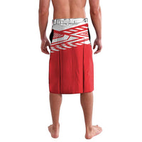 Men's red personalized swim shorts with white tribal print on waistband and legs