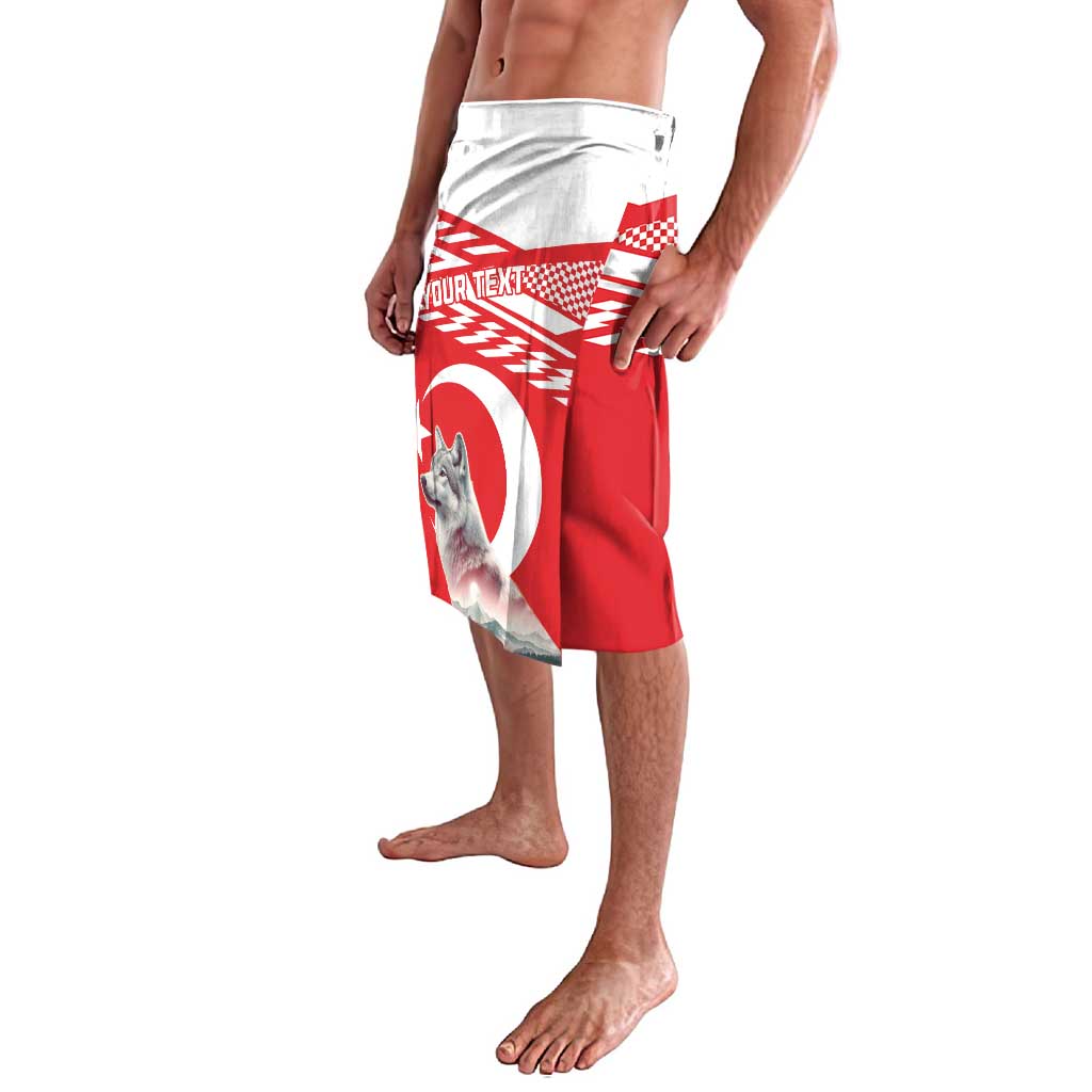 Men's red personalized swim shorts with wolf artwork and white geometric border