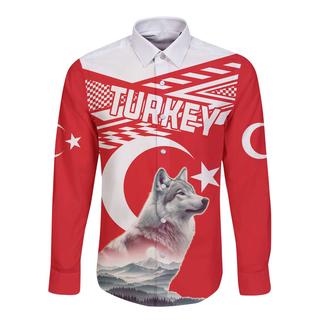 Red long-sleeve button shirt with wolf graphic, Turkey-themed checkers and stars