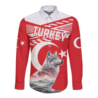 Red long-sleeve button shirt with wolf graphic, Turkey-themed checkers and stars