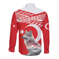 Red long-sleeve button shirt with back wolf graphic, moon and stars with checkered band