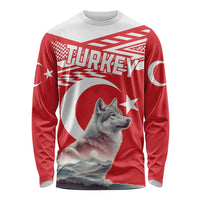 Unisex long-sleeve shirt, red with white panels, wolf and Turkey graphic on front