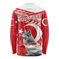 Unisex long-sleeve shirt, red with white panels, wolf and back graphic with YOUR TEXT