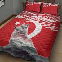Personalized red quilt bed set with white geometric stripes, gray wolf print, “YOUR TEXT”