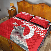 Personalized red quilt bed set with pillows, white stripes, gray wolf artwork, “YOUR TEXT”