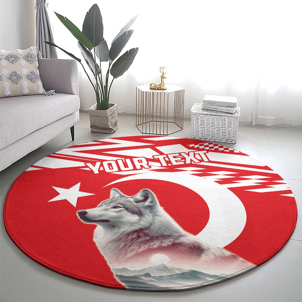 Round red wolf-themed rug with gray wolf face, white crescent and star, custom text.