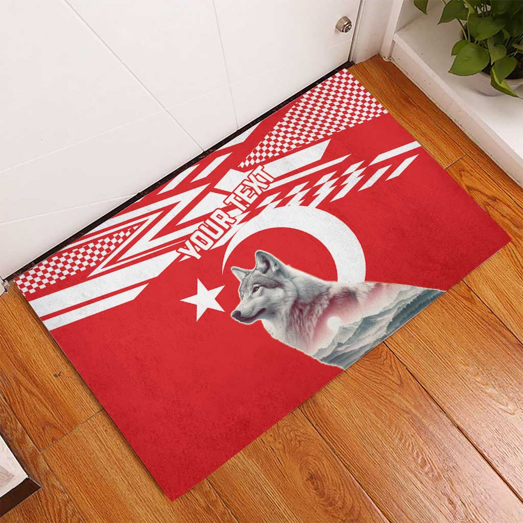 Personalized red rubber doormat corner view with wolf, star, and 'YOUR TEXT'