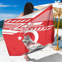 Red personalized sarong with white wolf, checkered accents, and Turkey-style graphic