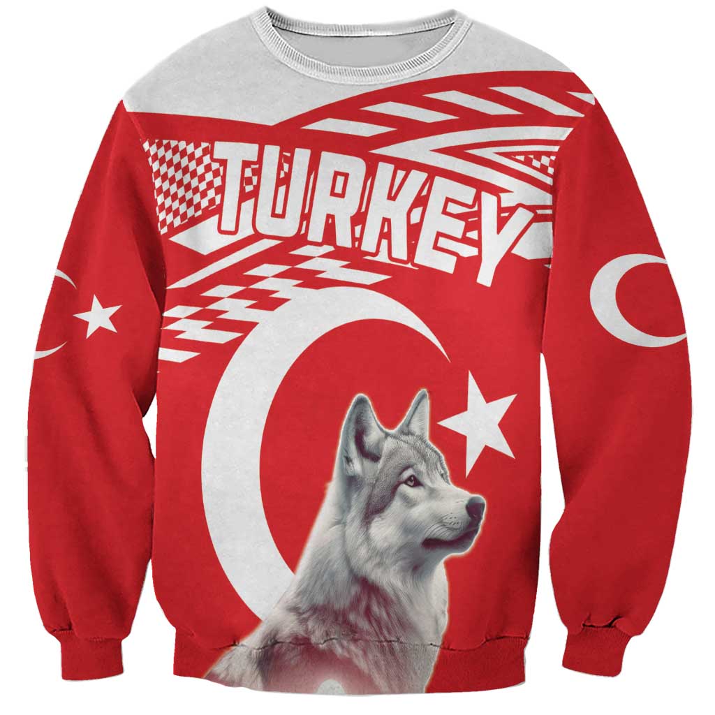 Unisex crewneck sweatshirt with red wolf graphic and Turkish crescent star print
