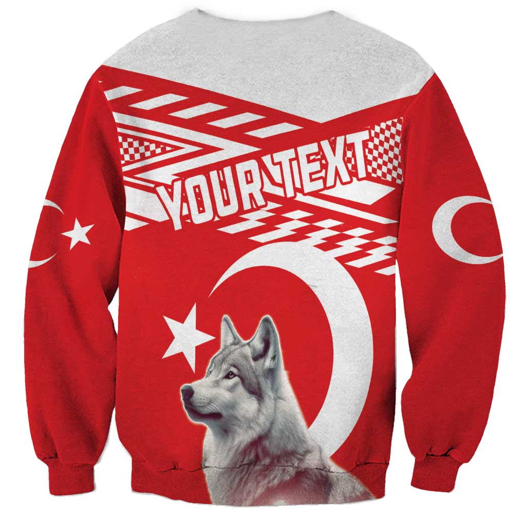 Unisex crewneck sweatshirt, back view, red wolf graphic with crescent moon and stars