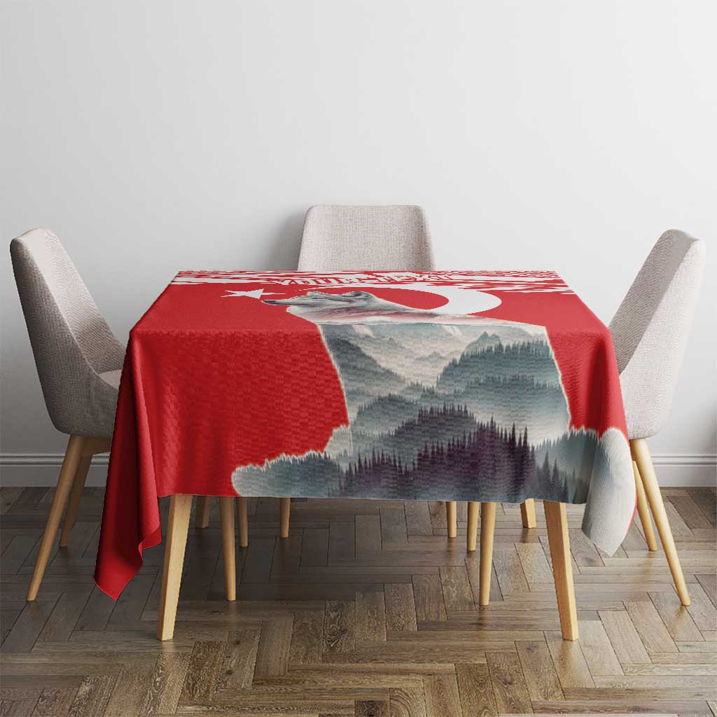 Red personalized mountain tablecloth on a dining set with chairs at both sides