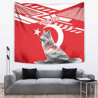 Red personalized wolf and crescent moon tapestry with mountain landscape and checkered stripe pattern