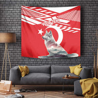Red personalized wolf tapestry with crescent moon, mountain silhouette, and checkered border