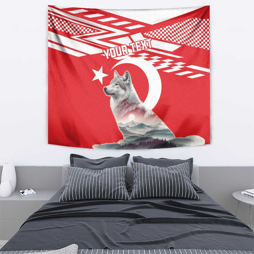 Red personalized wolf and crescent moon tapestry with mountain scene and diagonal checkered accents