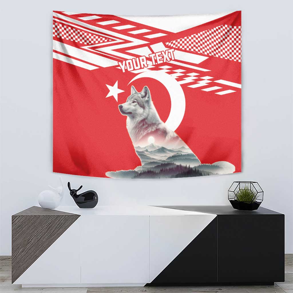 Red personalized wolf tapestry featuring crescent moon, mountains, and checkered top border