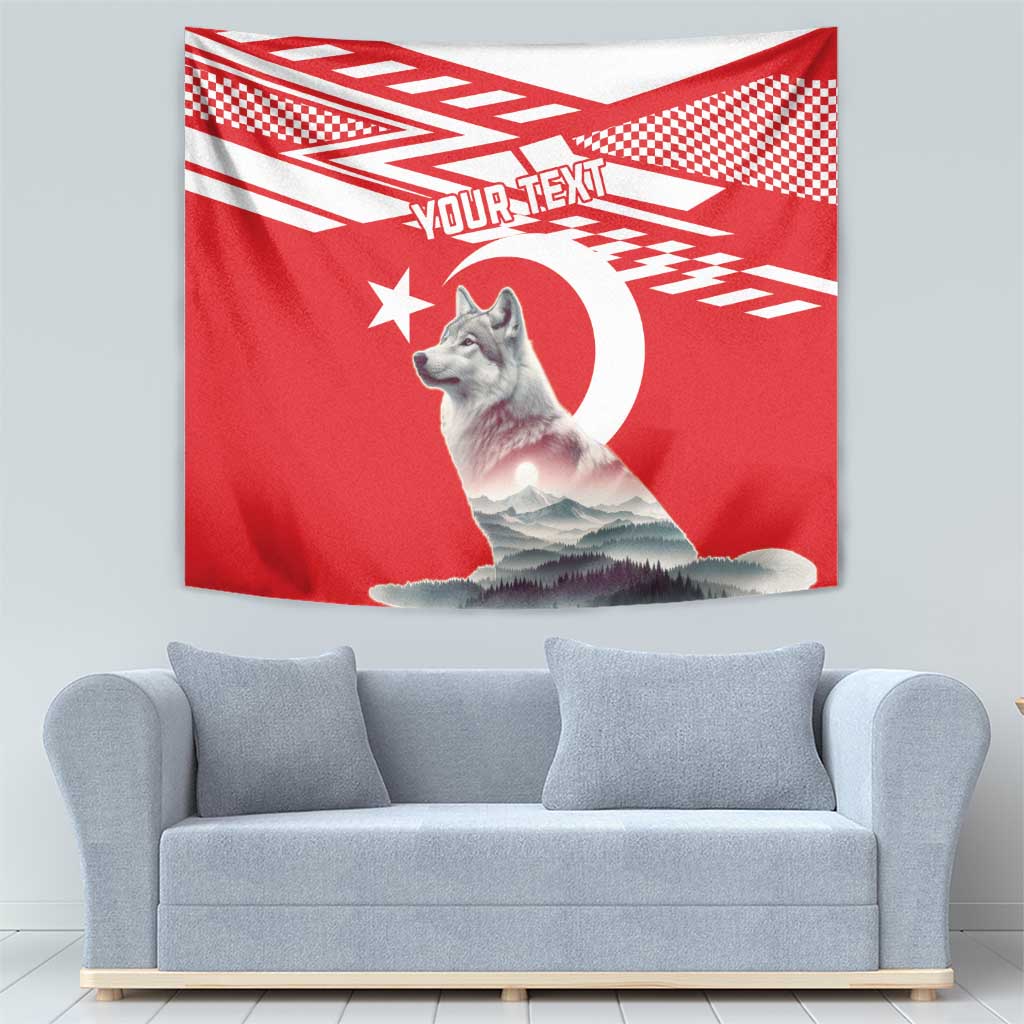 Red personalized wolf and crescent moon tapestry with mountain landscape and checkered design