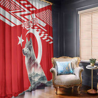 Red and white wolf window curtain with mountains scene and custom text