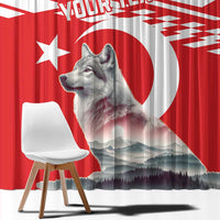 Red and white wolf mountain window curtain with bold custom text