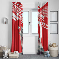 Red and white window curtains with wolf graphic, mountains, and custom text